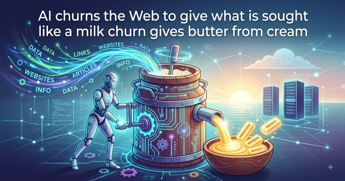Figure 3: AI churns the Web to give what is sought like a milk churn gives butter from cream