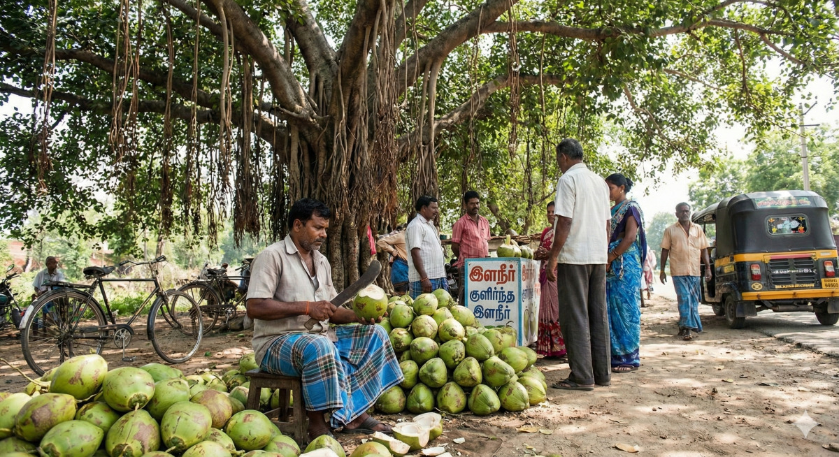 Figure 1: The tender coconut seller under the banyan tree. An auto is in the background.