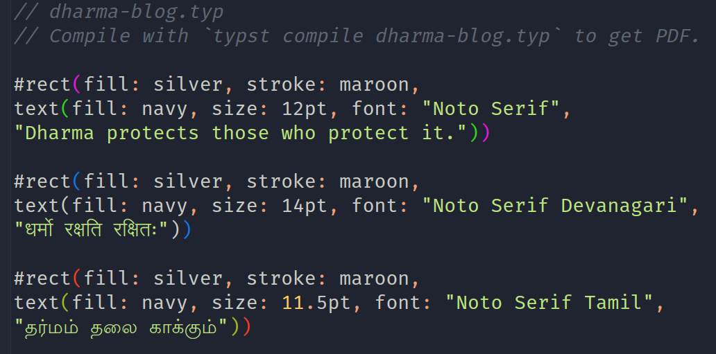Source code in Typst for mottoes in three languages.