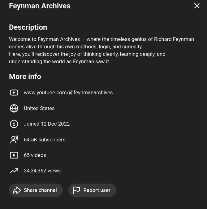 Figure 2: Information about the Feynman Archives YouTube channel.