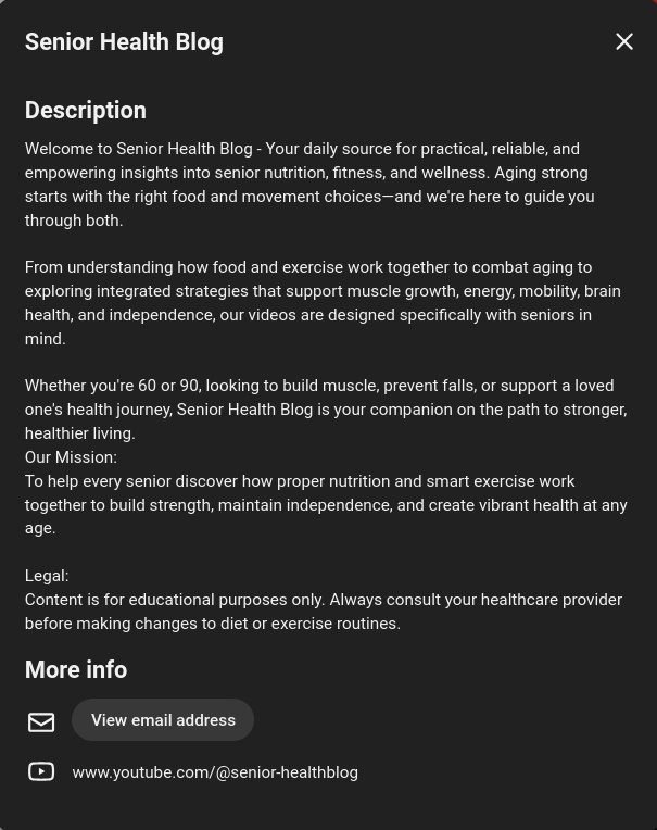 Figure 4: The description given for the Senior Health Blog channel. It makes no mention that Dr Leonard Javier has been synthesized by AI.