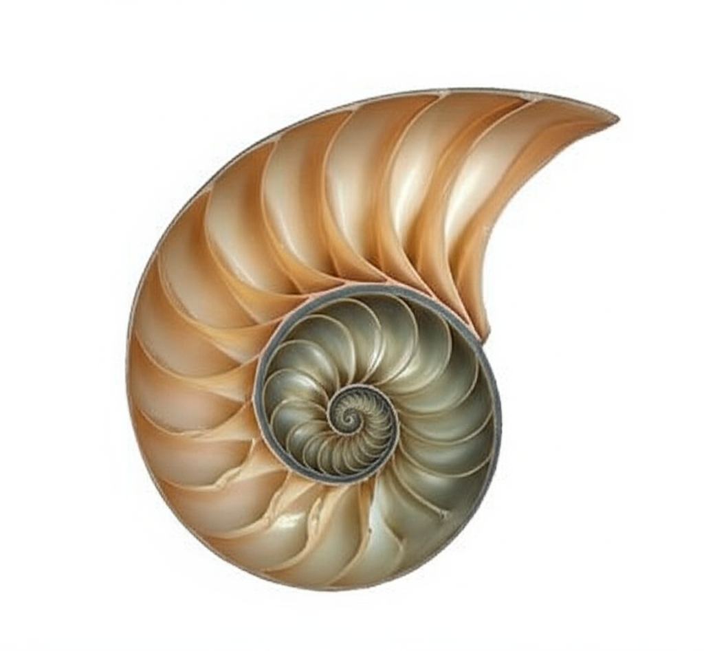 Figure 9: The nautilus shell is an example of the logarithmic spiral in nature. It embodies shape-preserving growth in which the size of the structure changes, but its proportions are preserved. Image generated by Google’s Gemini AI 2.5 Pro.