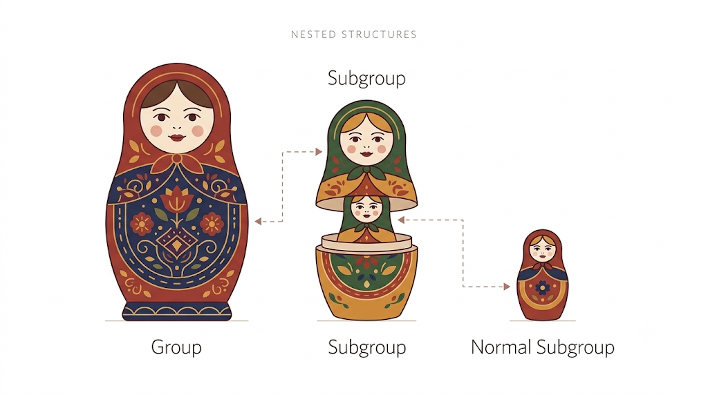 Figure 7: Nested Russin dolls ar Matryoshka dolls showing structural nesting. The deeper the nesting, the greater the constraints that apply. The innermost group is called the normal subgroup.