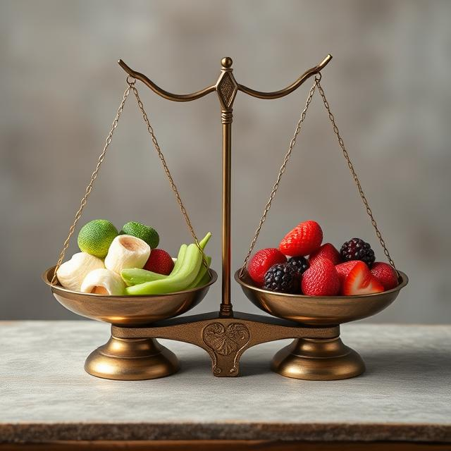 Figure 3: A two-pan balance in equilibrium, indicating that the mass on the left hand side equals that on the right hand side, even though the contents differ.