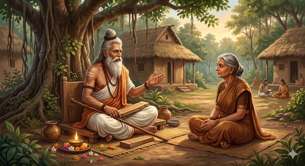Figure 1: Sage Yājñyavalkya and his wife Maitreyī having their famous dialogue on dearness and immortality.
