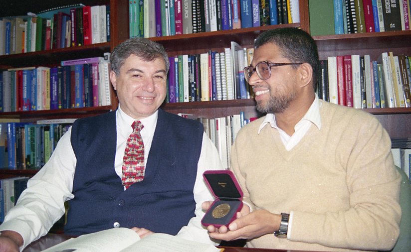 Professor Yianni Attikiouzel, my PhD supervisor, with me holding the PhD gold medal awarded by the Department of Electrical and Electronic Engineering, The University of Western Australia, in September 1997.